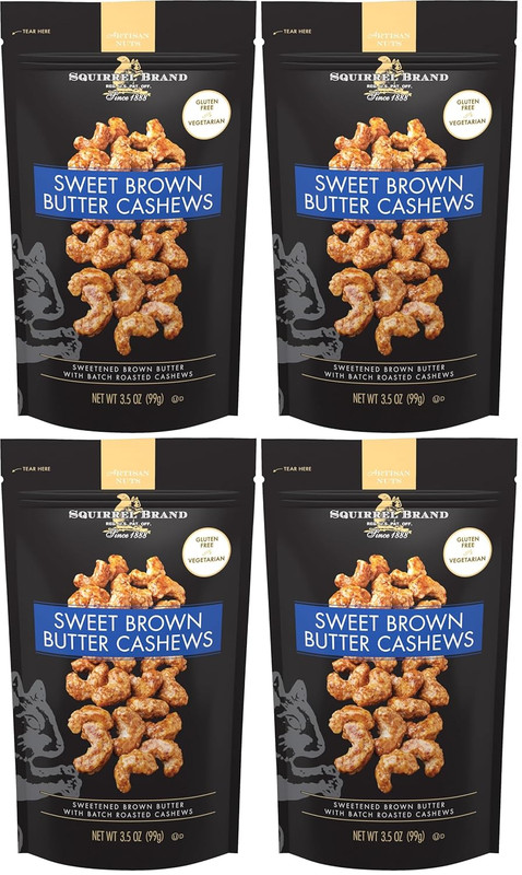 Squirrel Brand Sweet Brown Butter Cashews,3.5 Ounces Resealable Bag,Gluten Free,