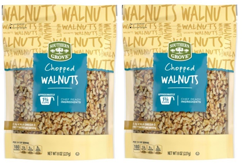 Southern Grove Chopped Walnuts 1 3/4 Cups Chef Ready Ingredient, 8 oz (2 Bags)