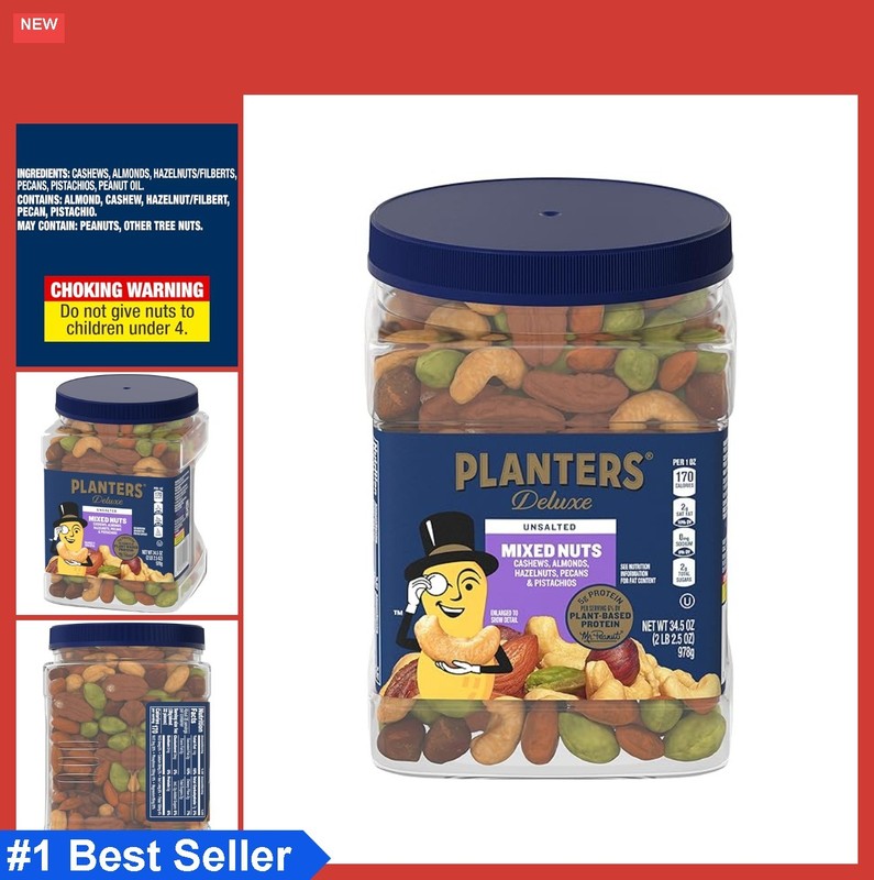 Unsalted Mixed Nuts 34.5 oz Resealable Container Cashews Almonds Hazelnuts