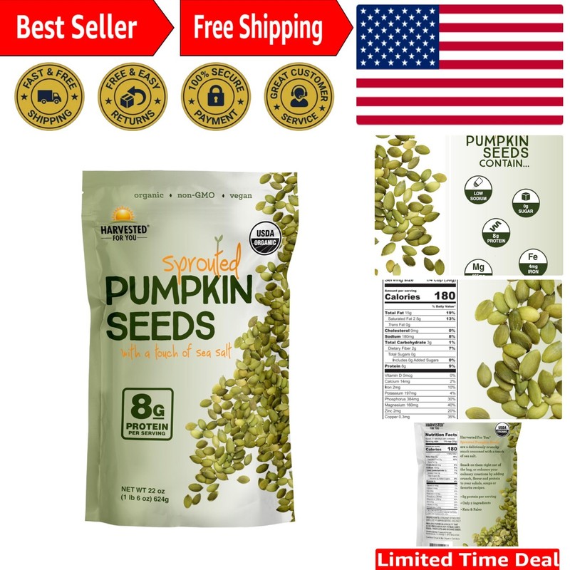 Delicious 22oz Sea Salted Sprouted Pumpkin Seeds - Keto, High Protein & Organic