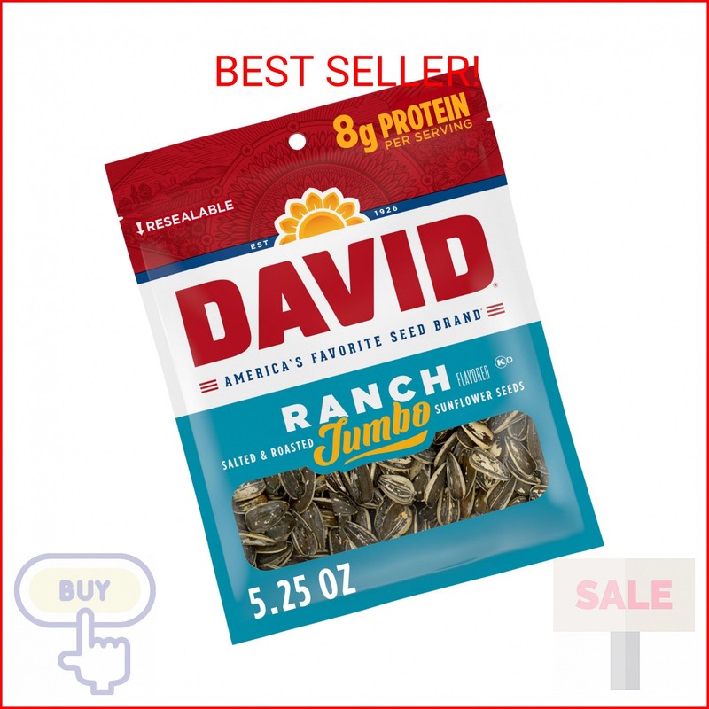 DAVID SEEDS Roasted and Salted Ranch Jumbo Sunflower Seeds, Keto Friendly, 5.25