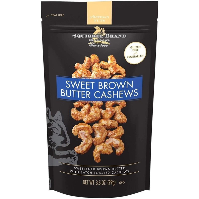 Squirrel Brand Sweet Brown Butter Cashews, 3.5 Ounces Resealable Bag, Gluten