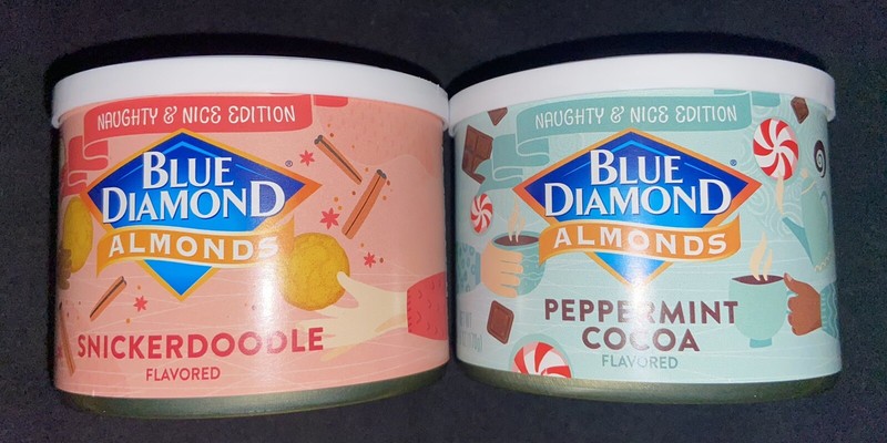 Blue Diamond Almonds 1 SNICKERDOODLE & 1 PEPPERMINT COCOA Snack Nuts 6 oz 2 Cans