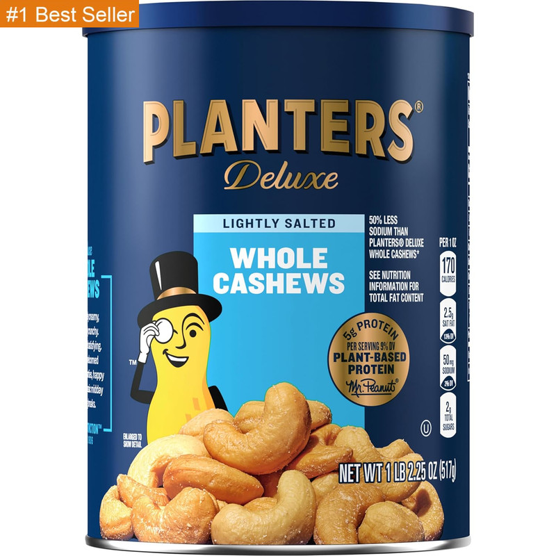 PLANTERS Deluxe Lightly Salted Cashews, Party Snacks, Plant-Based Protein, Quick