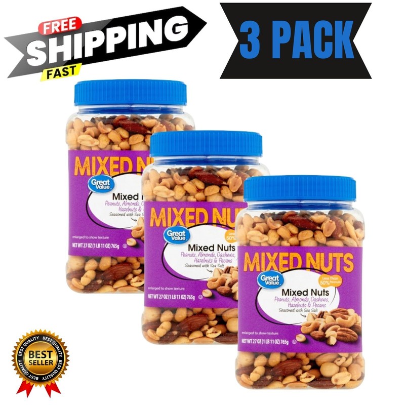 Great Value Mixed Nuts with Peanuts, 27 oz 3 Jars Free Shipping