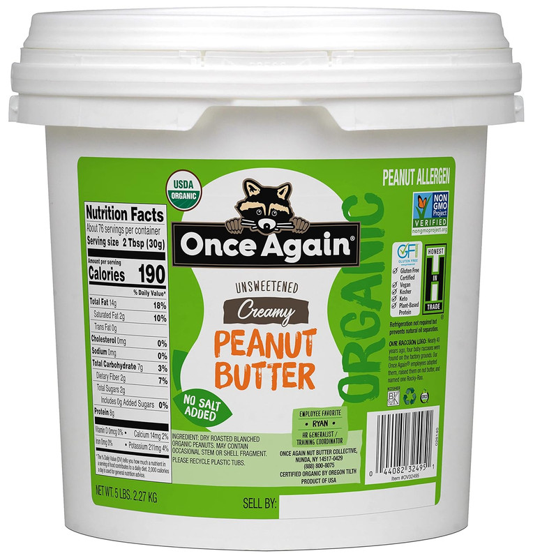 Once Again Organic Creamy Peanut Butter, 5Lb Pantry Pal (Same as 5 Jars) - Salt
