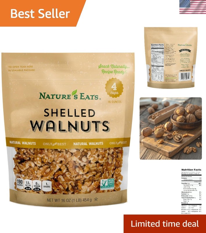 Nature’s Eats 16 oz Shelled Walnuts – Unsalted & Natural Snack for Baking