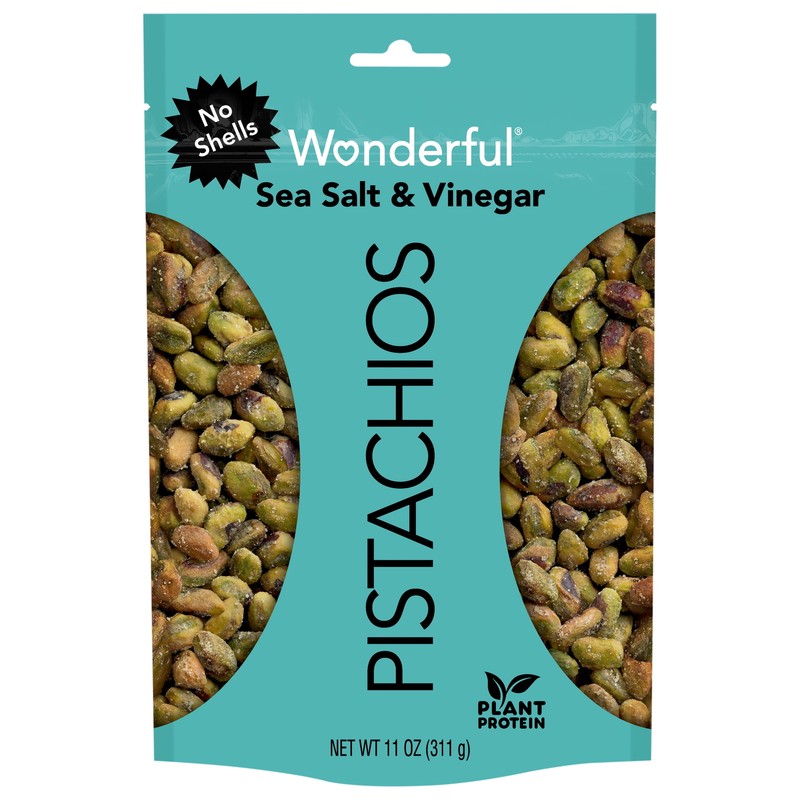 Pistachios,No Shells,Sea Salt&Vinegar Flavored Nuts,11Ounce Resealable Pouch,NEW