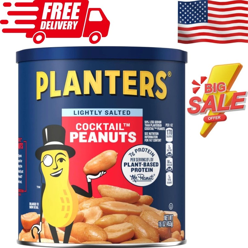 New PLANTERS Salted Cocktail Peanuts, Party Snacks, Plant Based Protein 16oz 1