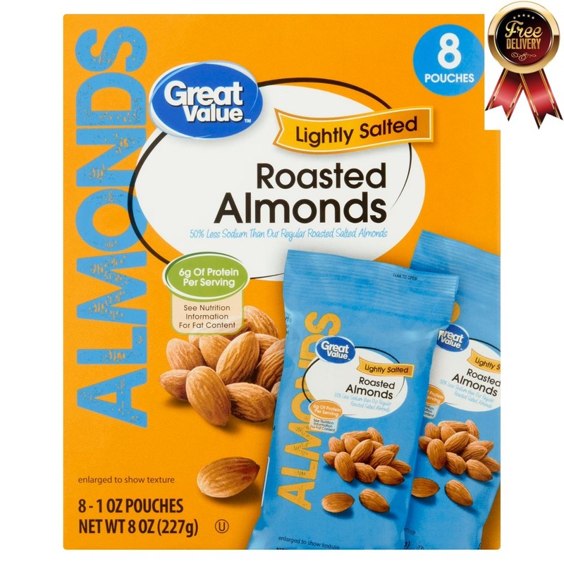 Great Value Lightly Salted Roasted Almonds, 8-Pack of 1 oz
