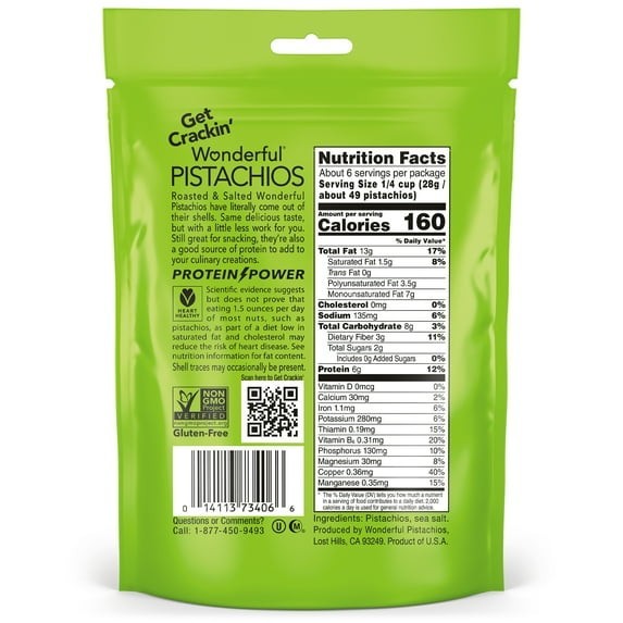 Wonderful Pistachios No Shells Roasted Salted Nuts 6 oz Bag Snack 4 Pack gallery