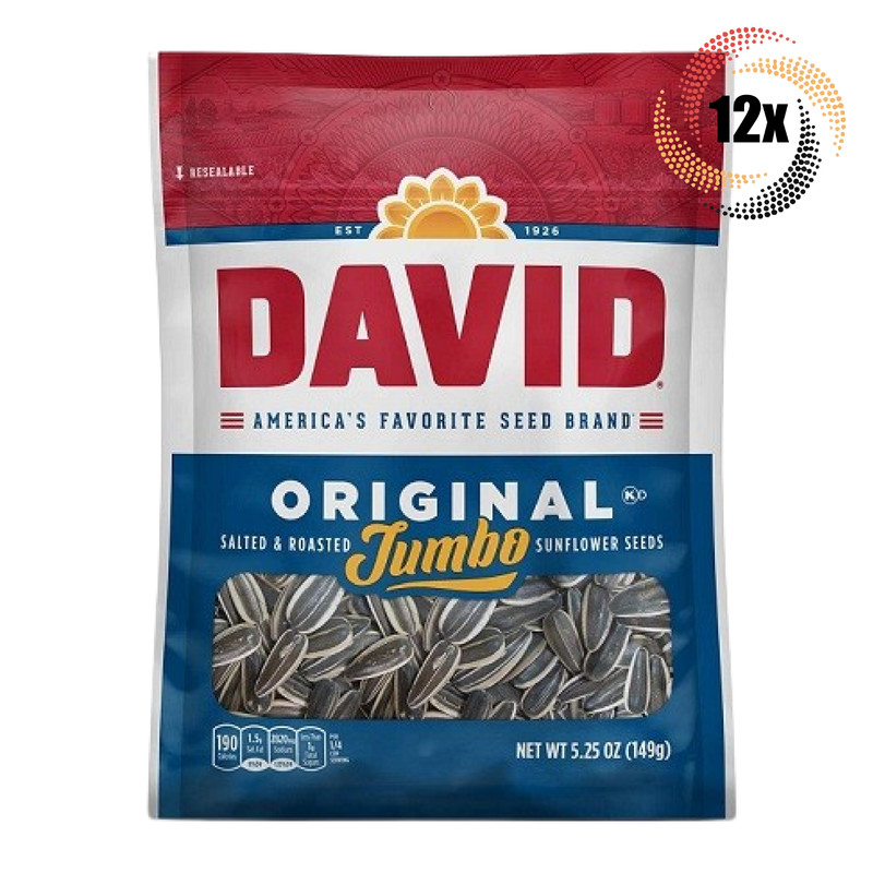 12x Bags David Original Jumbo Sunflower Seed Bags | 5.25oz | Salted & Roasted