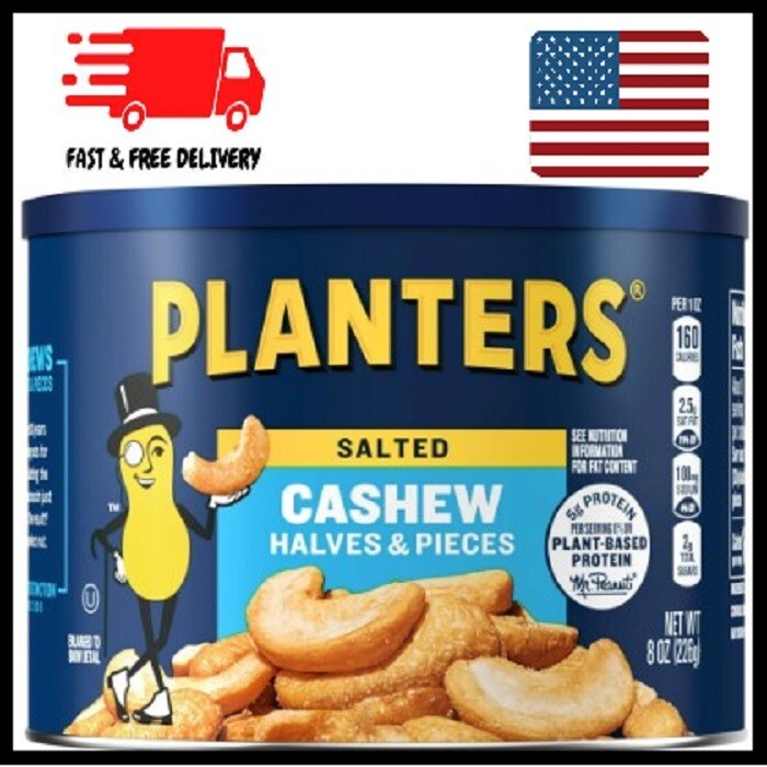 PLANTERS Salted Cashew Halves & Pieces Party Snacks Plant-Based Protein 8 Oz
