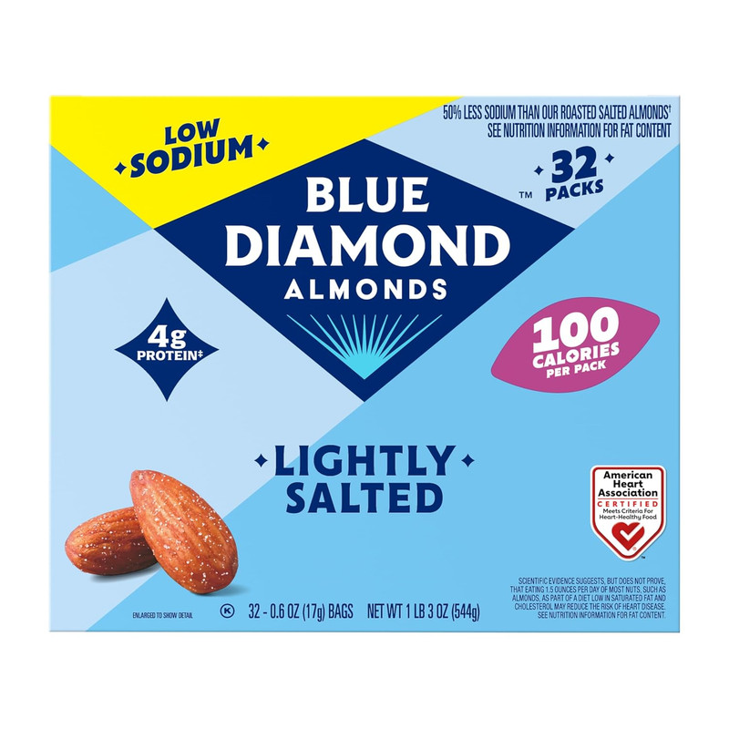 Blue Diamond Almonds Low Sodium Lightly Salted Snack Nuts, 100 Calorie Packs, 0.