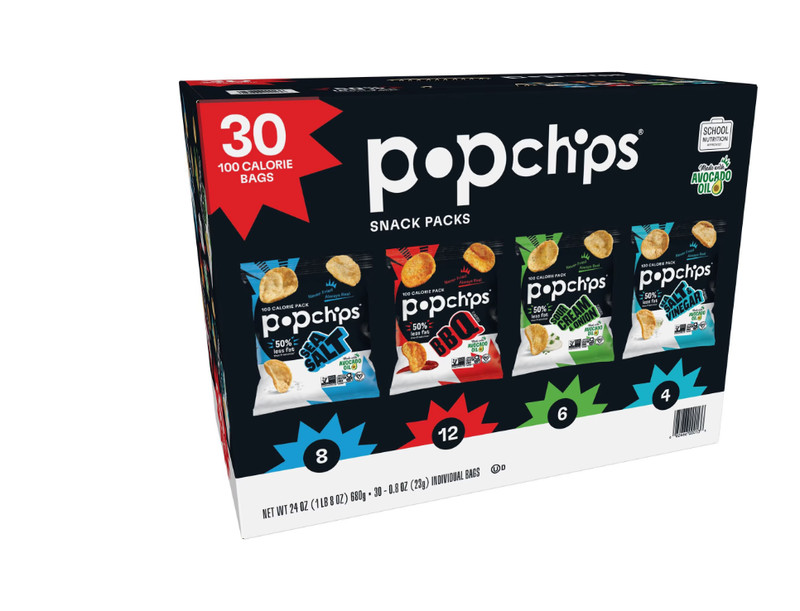 Popchips Variety Pack 30 pk 0.8oz BBQ Sea Salt Sour Cream Gluten Free Vegan Bulk