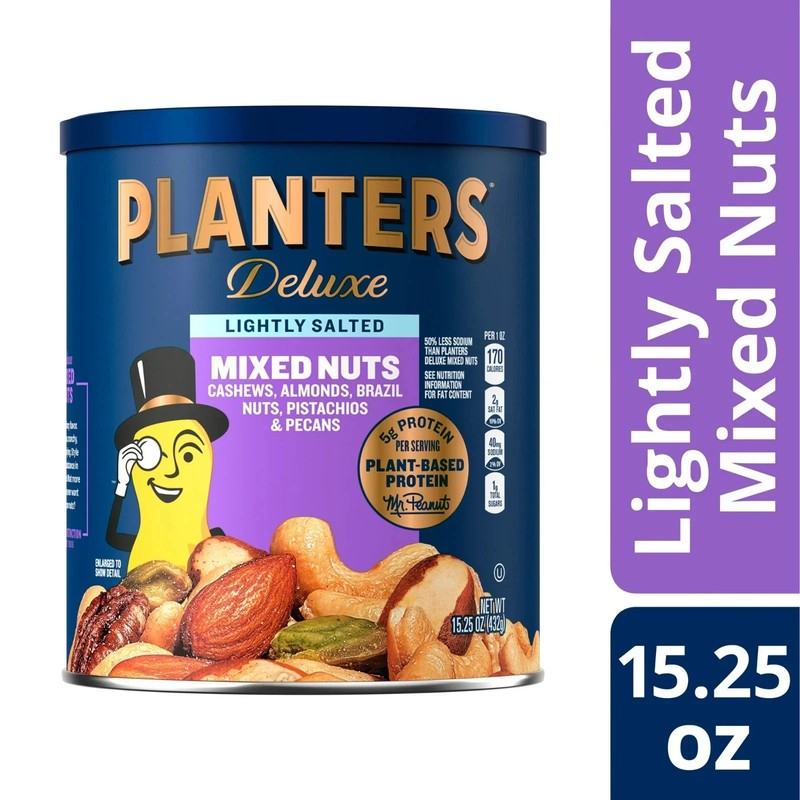 PLANTERS Deluxe Lightly Salted Mixed Nuts, Party Snacks, Plant Based Protein 15.