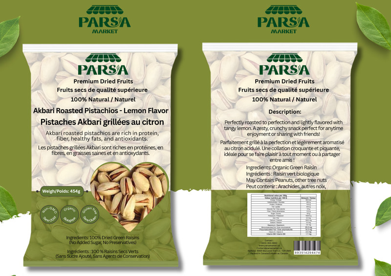 Parsa Market Akbari Roasted Pistachios Lemon Flavor 100% Pure Natural Organic