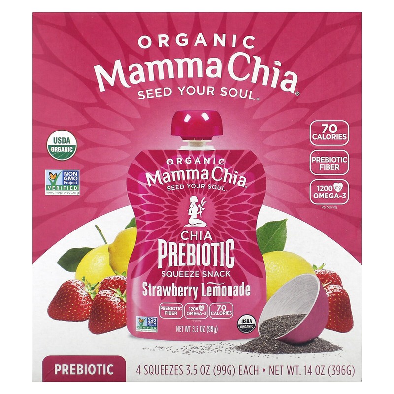 Organic Chia Prebiotic Squeeze Snack, Strawberry Lemonade, 4 Pack, 3.5 oz (99 g)