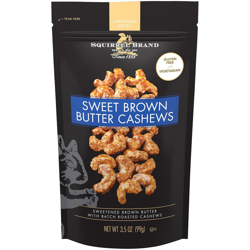Squirrel Brand Sweet Brown Butter Cashews, 3.5 oz Resealable Bag, Gourmet Flavor