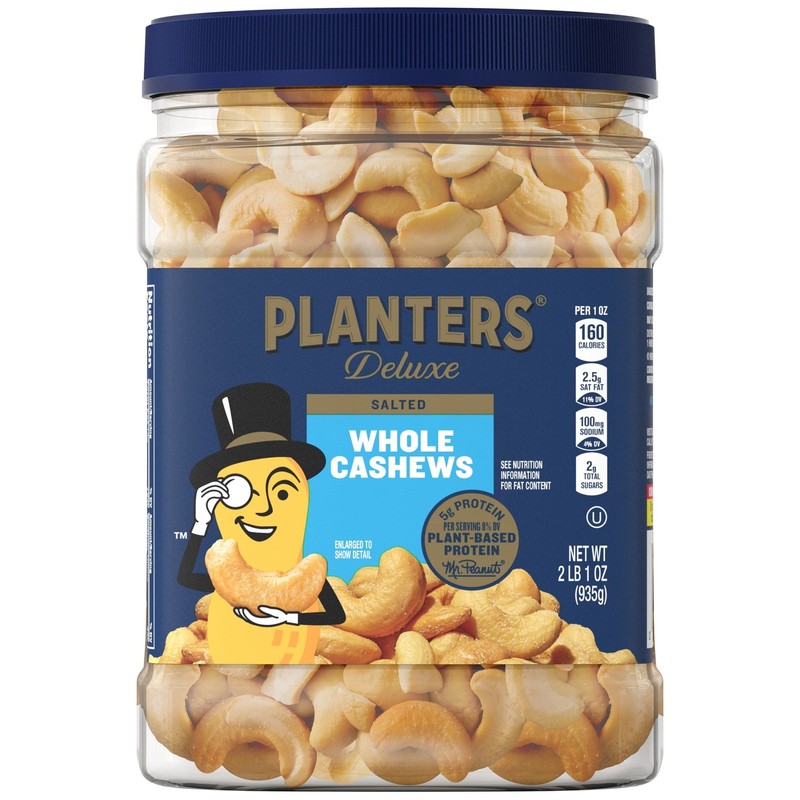 Salted Whole Cashews, Party Snacks, Plant Based Protein, 33 oz Plastic Jar