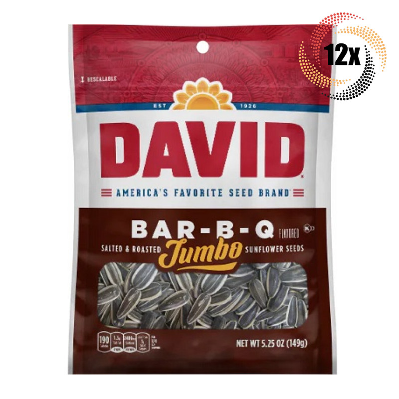 12x Bags Jumbo David Bar-B-Q Barbecue Sunflower Seed | 5.25oz | Salted & Roasted
