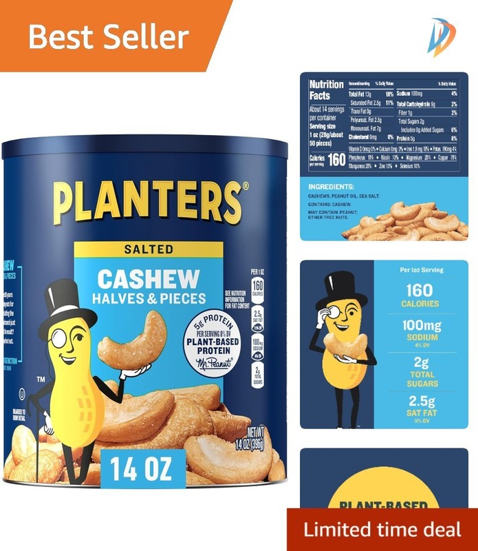 Salted Cashew Halves & Pieces – 14 Oz Canister of Plant-Based Protein Snacks