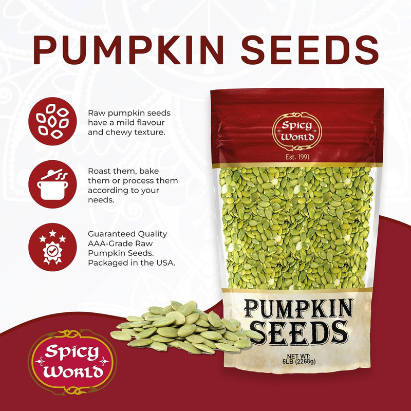 Raw Pumpkin Seeds 5 LB Jumbo Bag - Shelled, AAA Grade, Unsalted, Dry, Vegan, Bul gallery