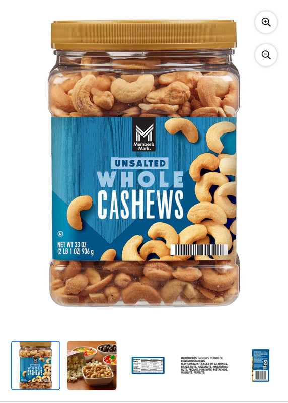 Member's Mark Unsalted Whole Cashews - 33 oz.