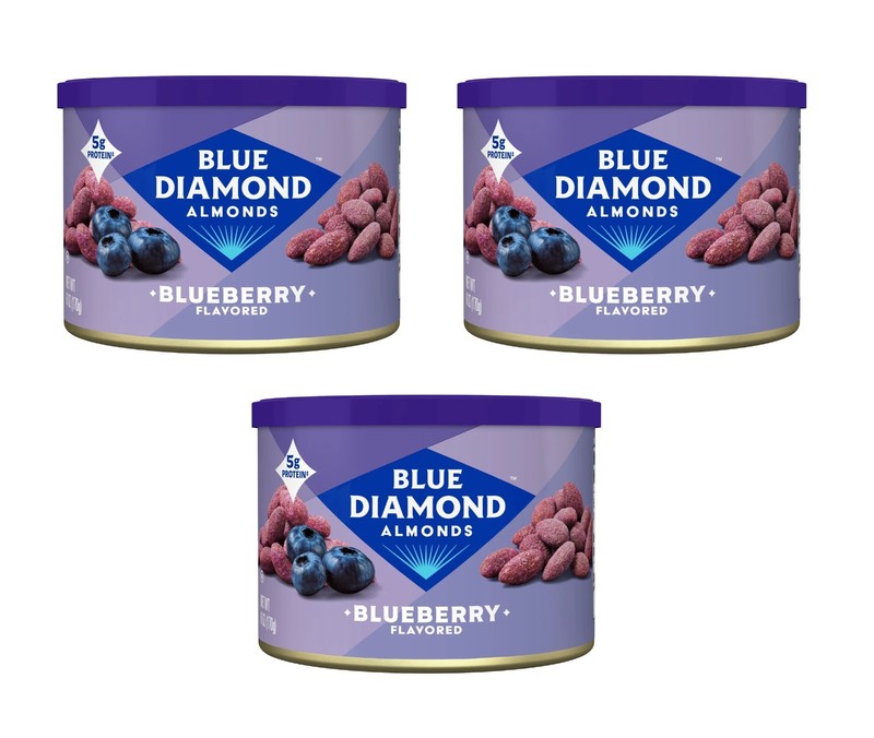 3 Pack Blue Diamond Blueberry Roasted Almonds 6 oz Cans Crunchy Snack Kosher