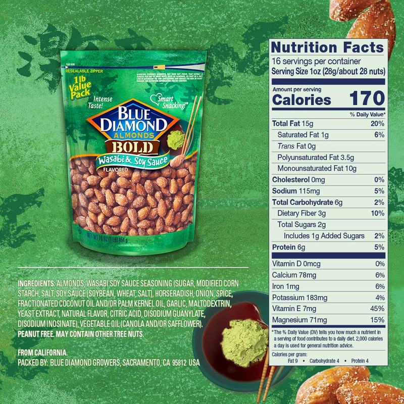 Blue Diamond Almonds Wasabi & Soy Sauce Snack Nuts, Resealable Bag, 16 Oz gallery