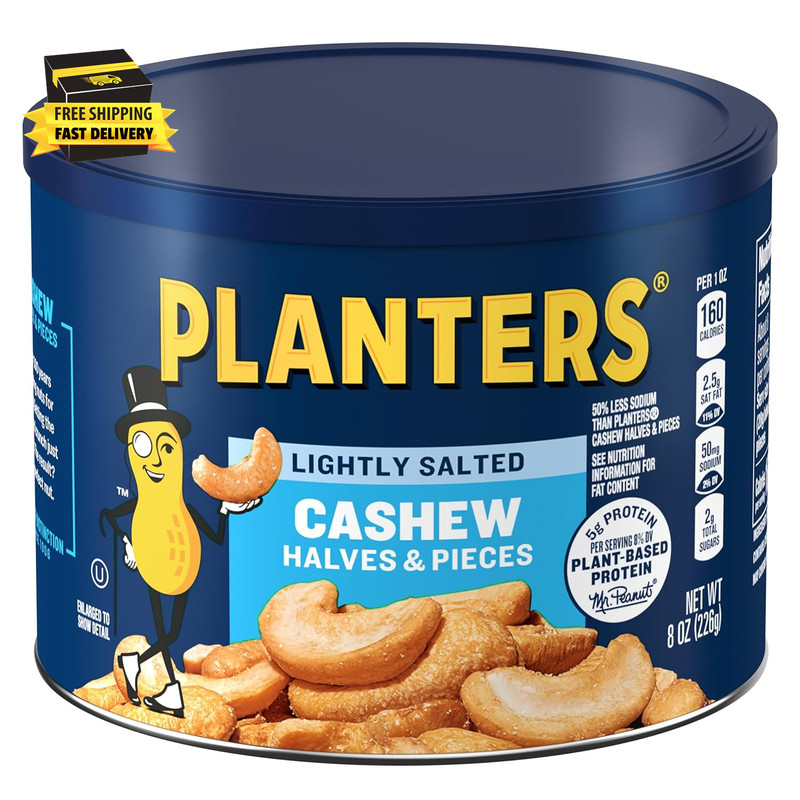Lightly Salted Cashews, Cashew Halves & Pieces, Plant-Based Protein, 8 Oz Canist