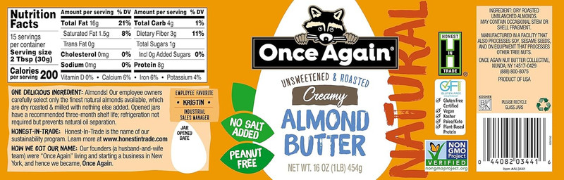 Natural Creamy Roasted Almond Butter, Unsweetened and Salt-Free 16 Ounce gallery