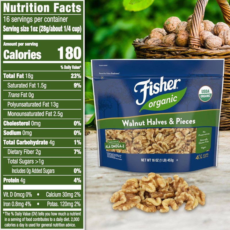 Fisher Organic Walnut Halves & Pieces 16 oz, USDA Certified Organic Nuts, Uns... gallery