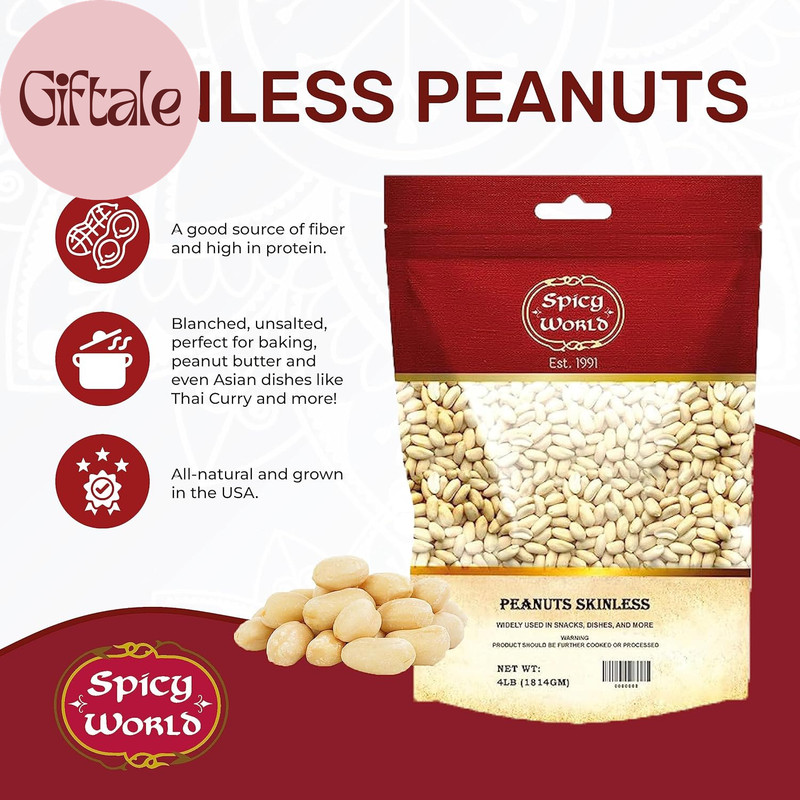 Skinless Peanuts, Blanched Raw Peanuts (Uncooked, Unsalted) 4 Pound (64Oz) ~ All gallery