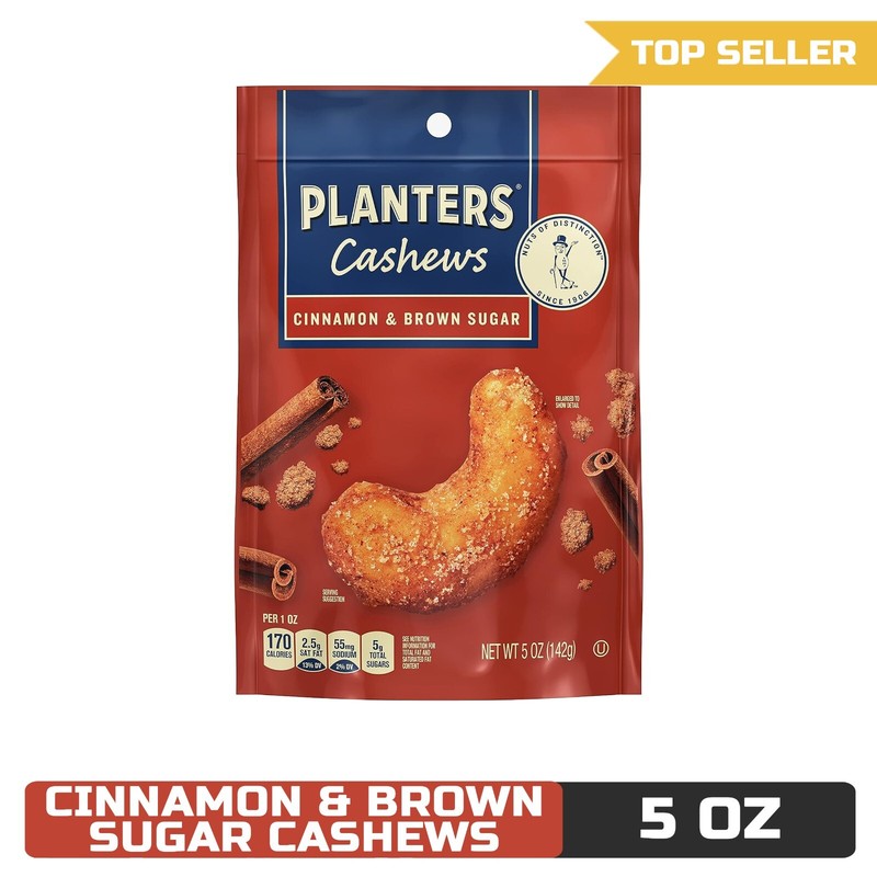PLANTERS Cinnamon & Brown Sugar Cashews, Party Snacks, 5 oz Bag
