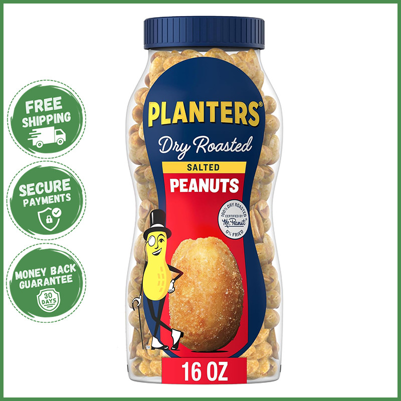 DRY ROASTED SALTED PEANUTS 16 OUNCE JAR Crunchy Plant Based Protein Party Snack