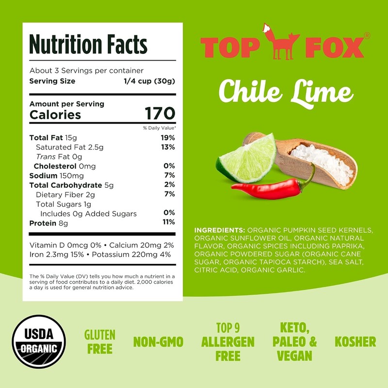 Top Fox Pumpkin Seeds Chile Lime 3.5 oz Pack of 6 Organic Keto Gluten Free Vegan gallery