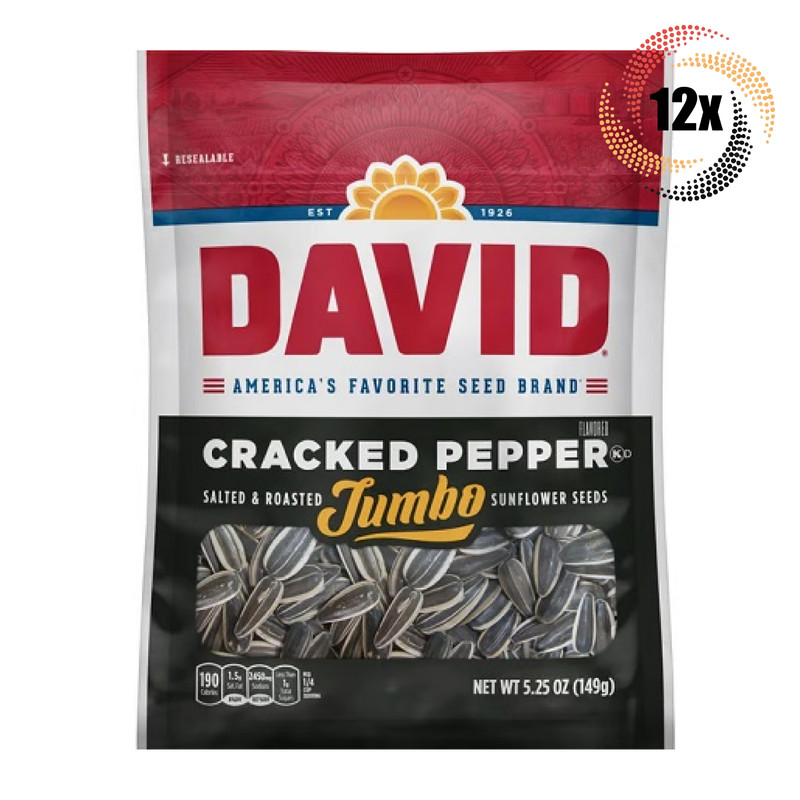 12x Bags David Jumbo Cracked Pepper Sunflower Seed | 5.25oz | Salted & Roasted
