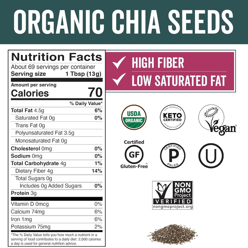 Organic Chia Seeds, 2 Lb, 32 Oz – Plant-Based Omega-3 and Vegan Protein, Gluten gallery