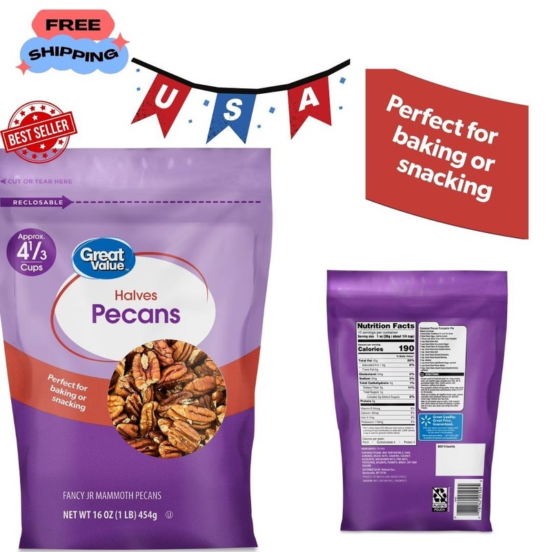 Great Value Pecan Halves 16oz Fresh Raw Baking Nuts Snack Cooking Premium