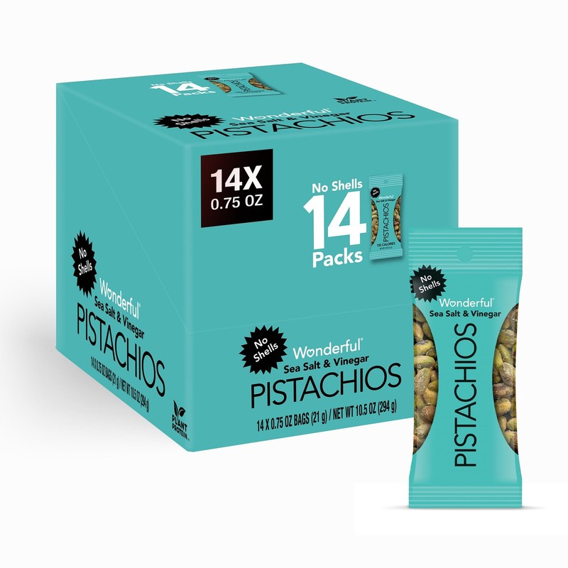 No Shells Pistachios, Sea Salt & Vinegar, Healthy Protein Snacks, 14 Bags