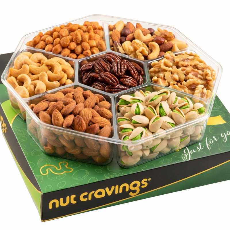 NUT CRAVINGS - Mixed Nuts Gift Basket in Green Gold Box (7 Assortments, 1 LB) Tr