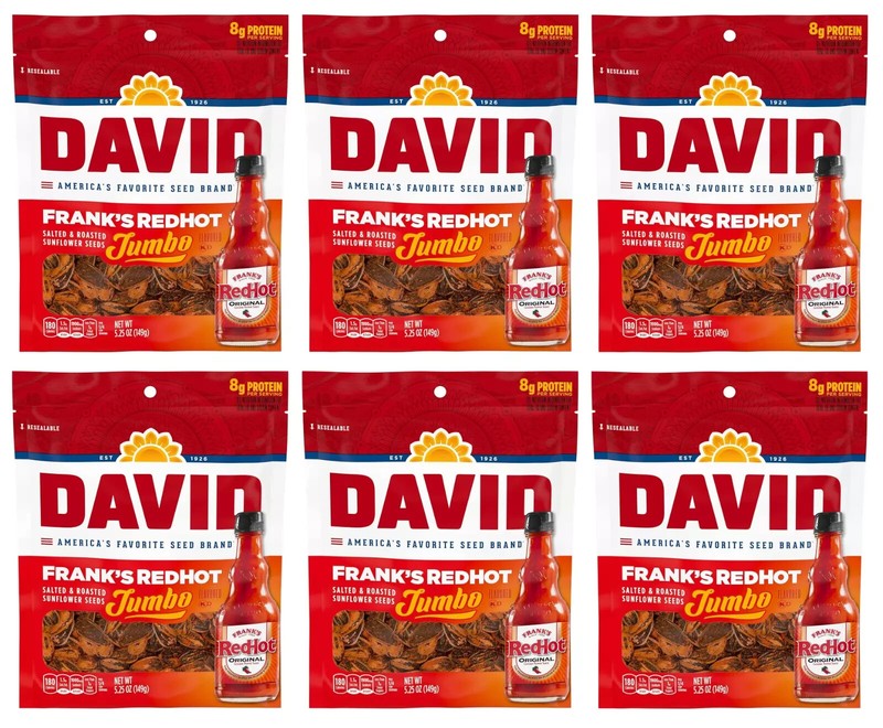 DAVID Frank’s RedHot Salted & Roasted Jumbo Sunflower Seeds, 5.25-Ounce (6 Bags)