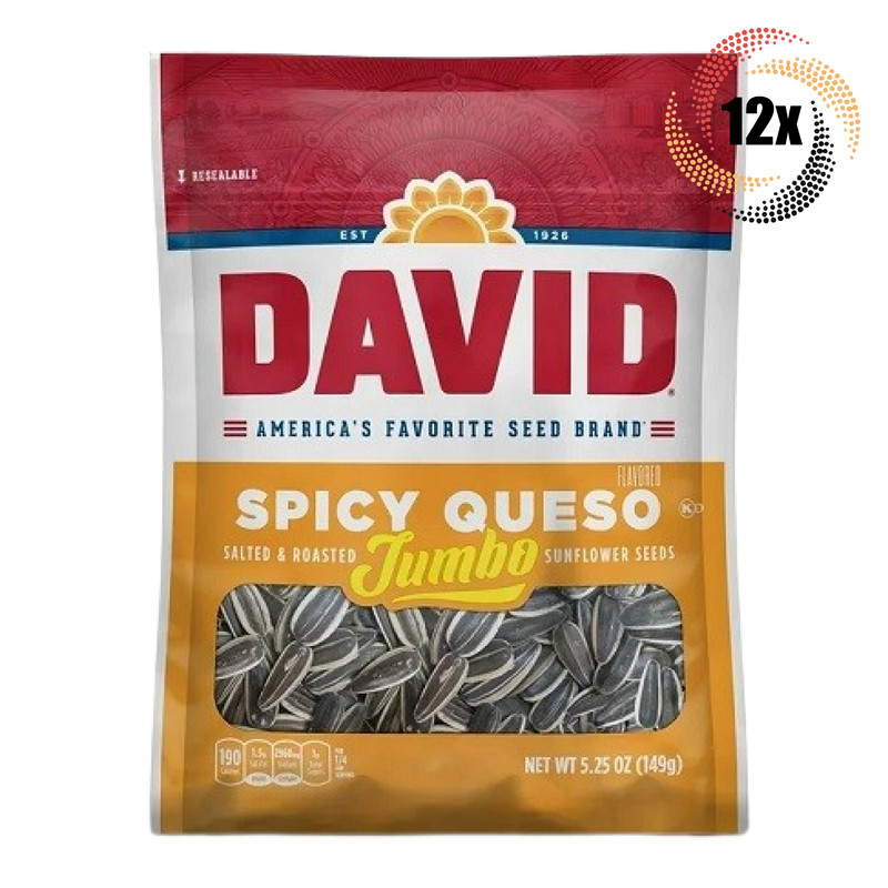 12x Bags David Spicy Queso Jumbo Sunflower Seed Bags | 5.25oz | Salted & Roasted