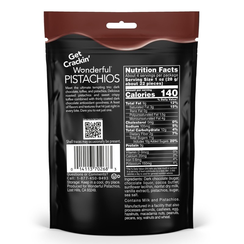 Chocolate Toffee Flavored Pistachios, Sweet & Crunchy Snack, 4 oz Resealable Bag gallery
