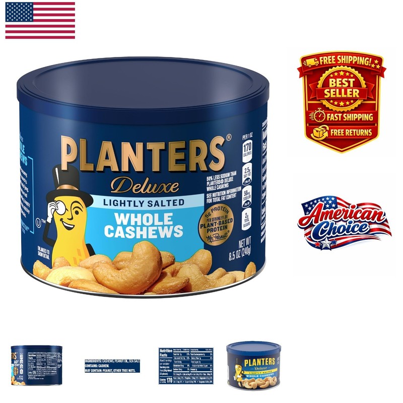 Healthy Lightly Salted Whole Cashews – 8.5 oz Canister with 50% Less Sodium