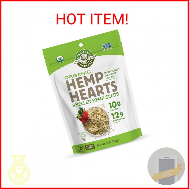 Manitoba Harvest Organic Hemp Hearts, 12oz, 10g Plant Based Protein and 12g Omeg
