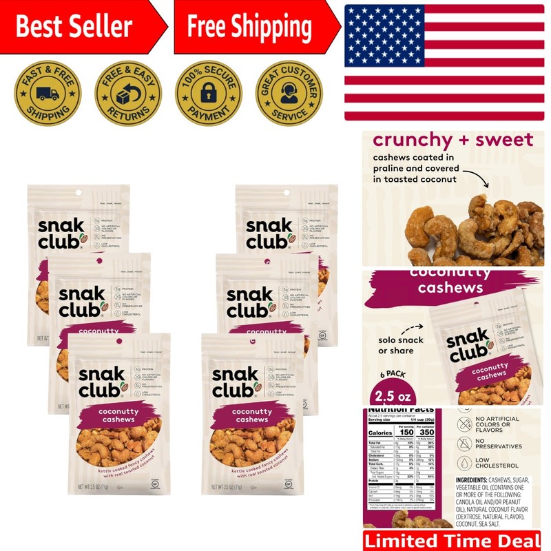 Gourmet Coconutty Cashews - Kettle Cooked, 2.5 oz Bags (6 Pack), Gluten-Free