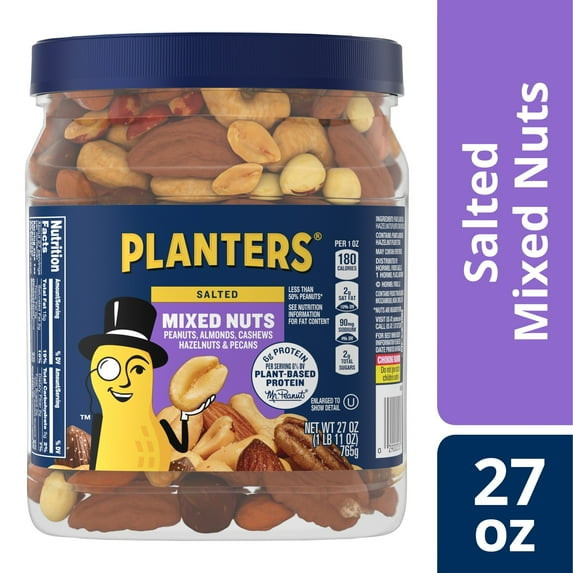 Planters Salted Mixed Nuts 27oz Canister Party Snacks Plant Based Protein Bulk N gallery
