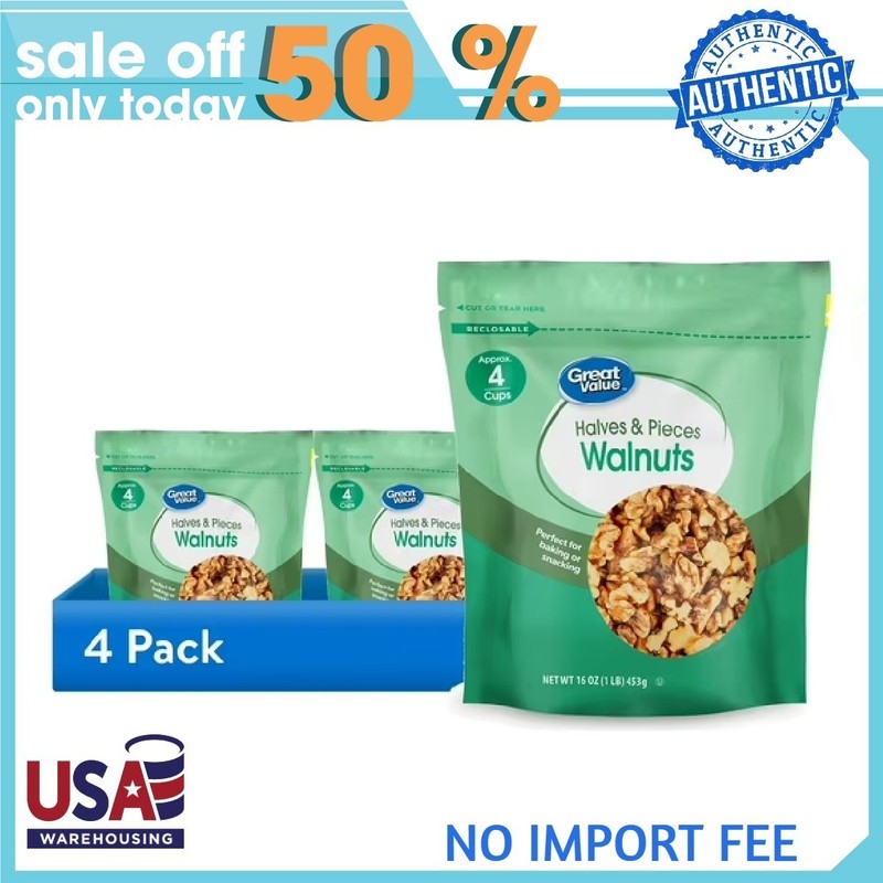 (4 pack) Great Value Walnuts Halves & Pieces, 16 oz
